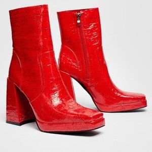 NASTY GAL Red Patent Square Toe Ankle Boots